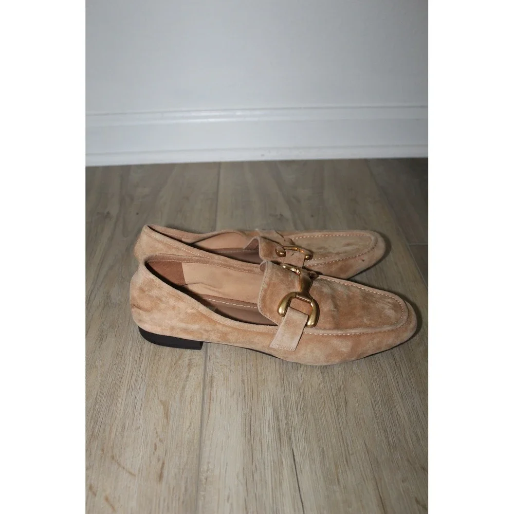 Bibi Lou Tan Soft Suede Horsebit Loafers Gold Hardware Size 39‎ Anthropologie